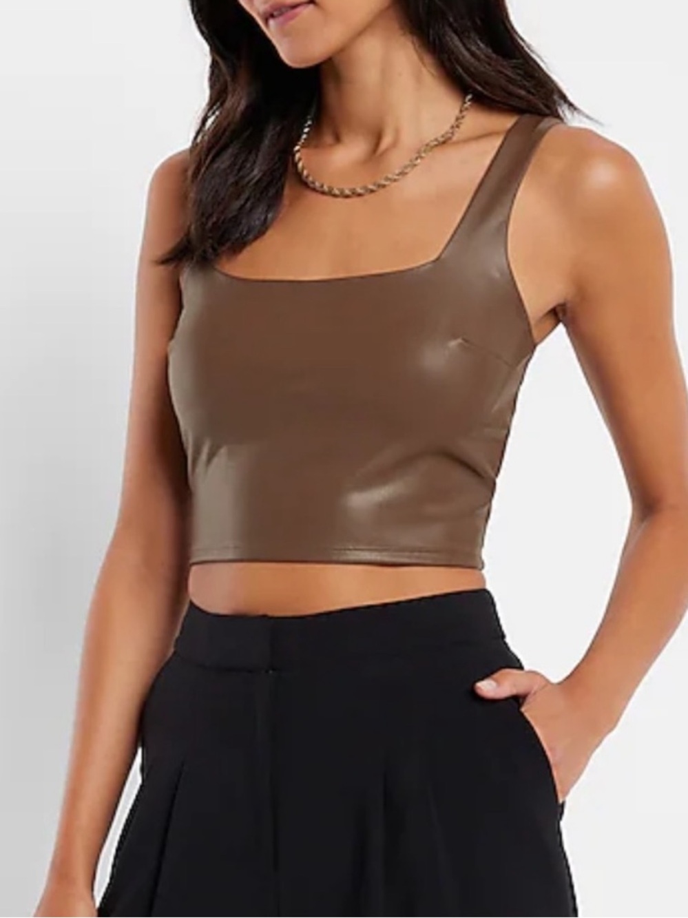 🤎 Express Contour Brown Faux-Leather Square Neck Cropped Tank